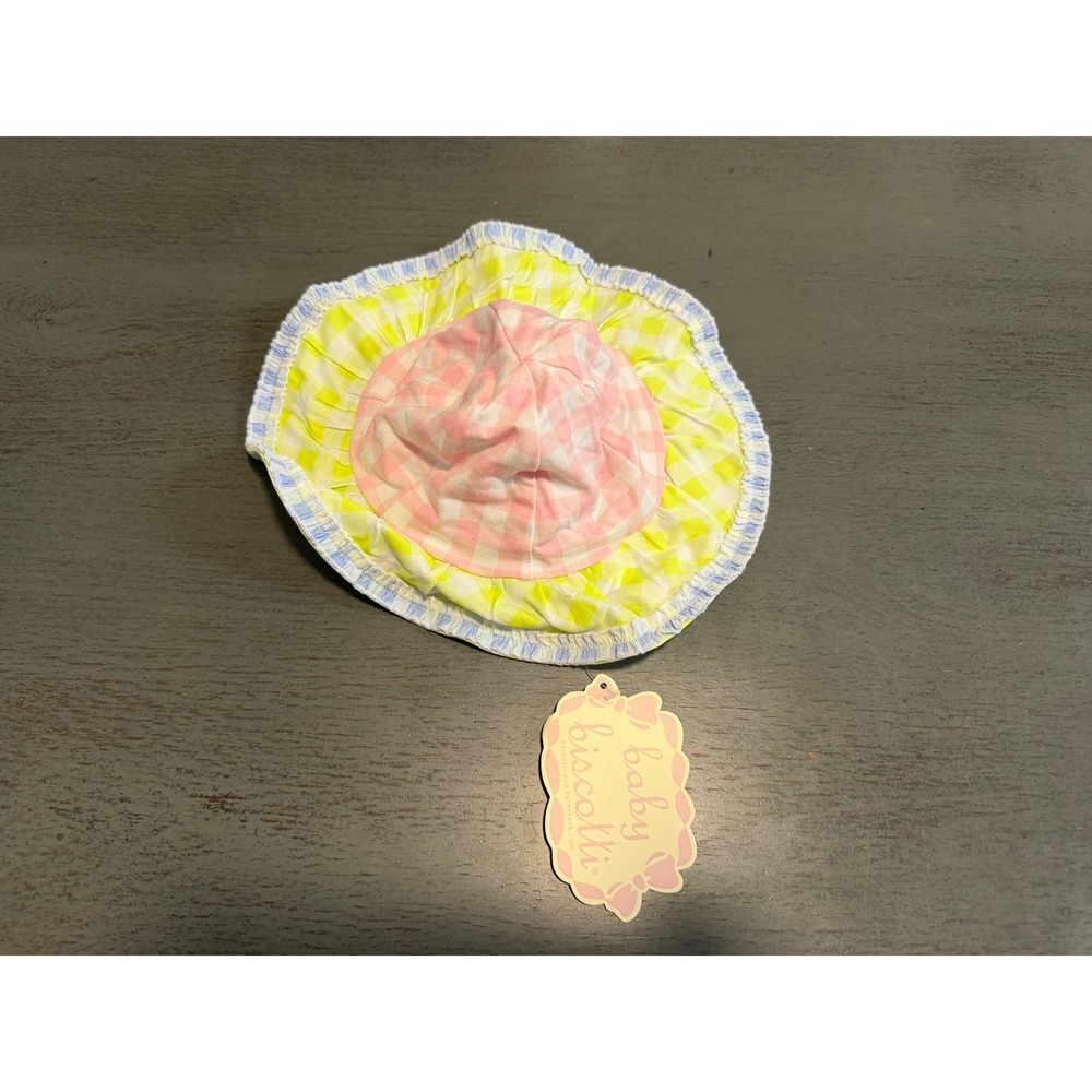 Baby Biscotti Sun Hat Pastel Gingham Check Pink Yellow Blue Ruffle XL 3-9 Months